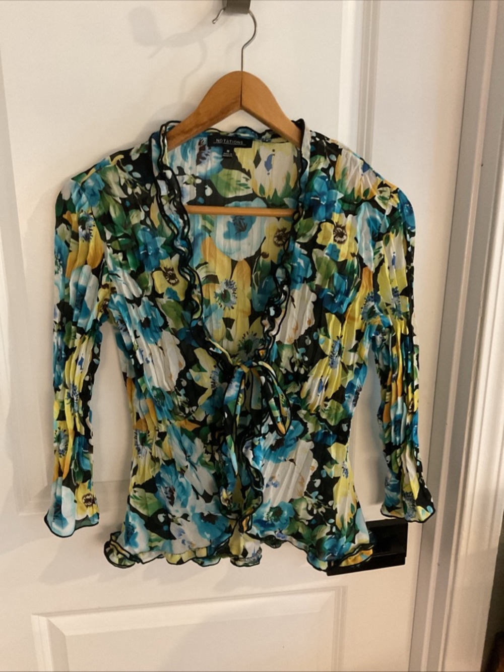 Notations - Floral Tie-Front Ruffled Blouse in Blue/Yellow - Ladies Size Medium